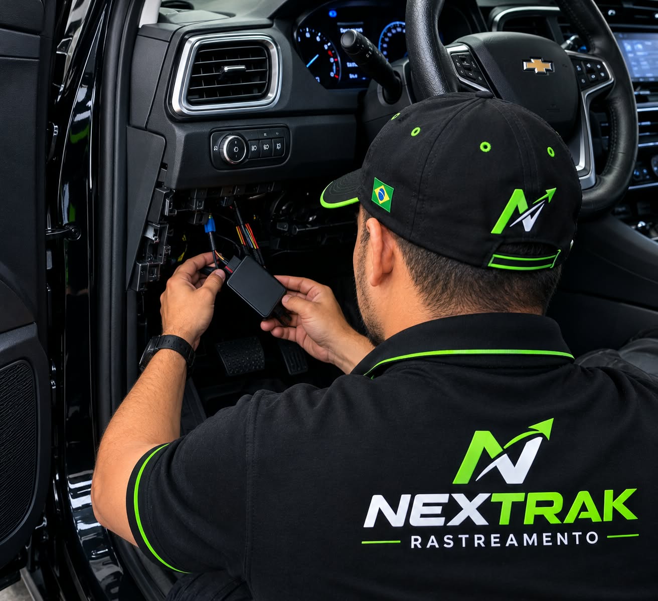 Técnico realizando instalação do rastreador no veículo